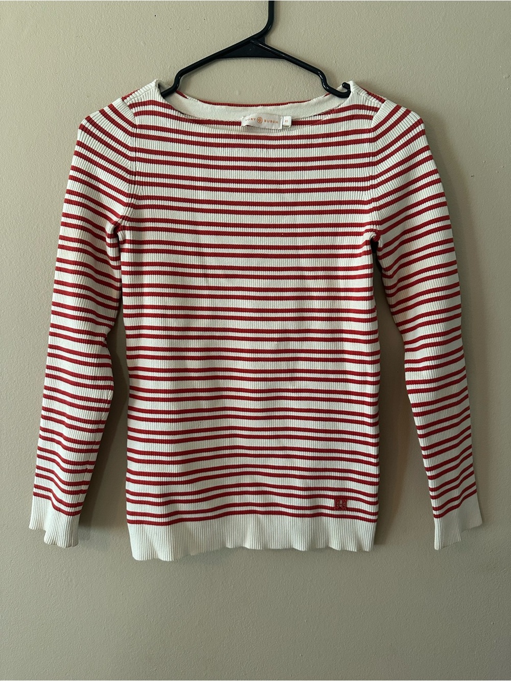 Tory Burch Red and Cream Striped Cotton Boatneck Knit Sweater, Sz XS